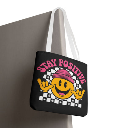 Stay Positive Smiley Tote Bag — Retro Checkerboard Inspirational Canvas Tote