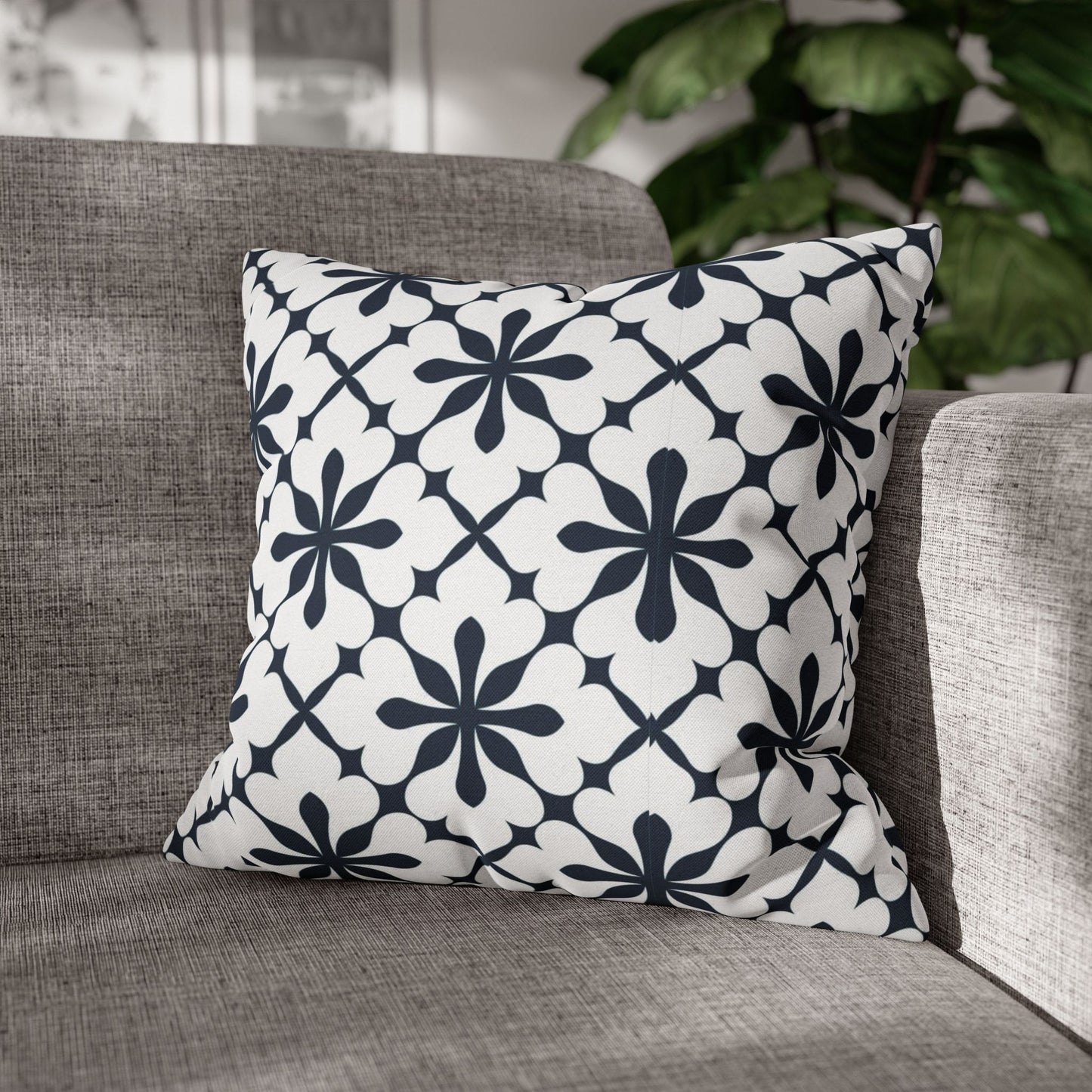 Decorative Square Pillow Cover — Navy Floral Tile Pattern