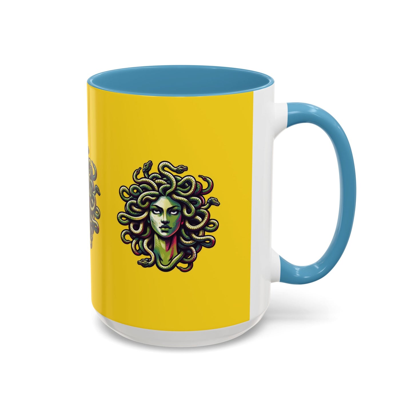 Medusa Accent Coffee Mug — Mythical Snake-Head Design, Yellow & Black Accent (11/15oz)