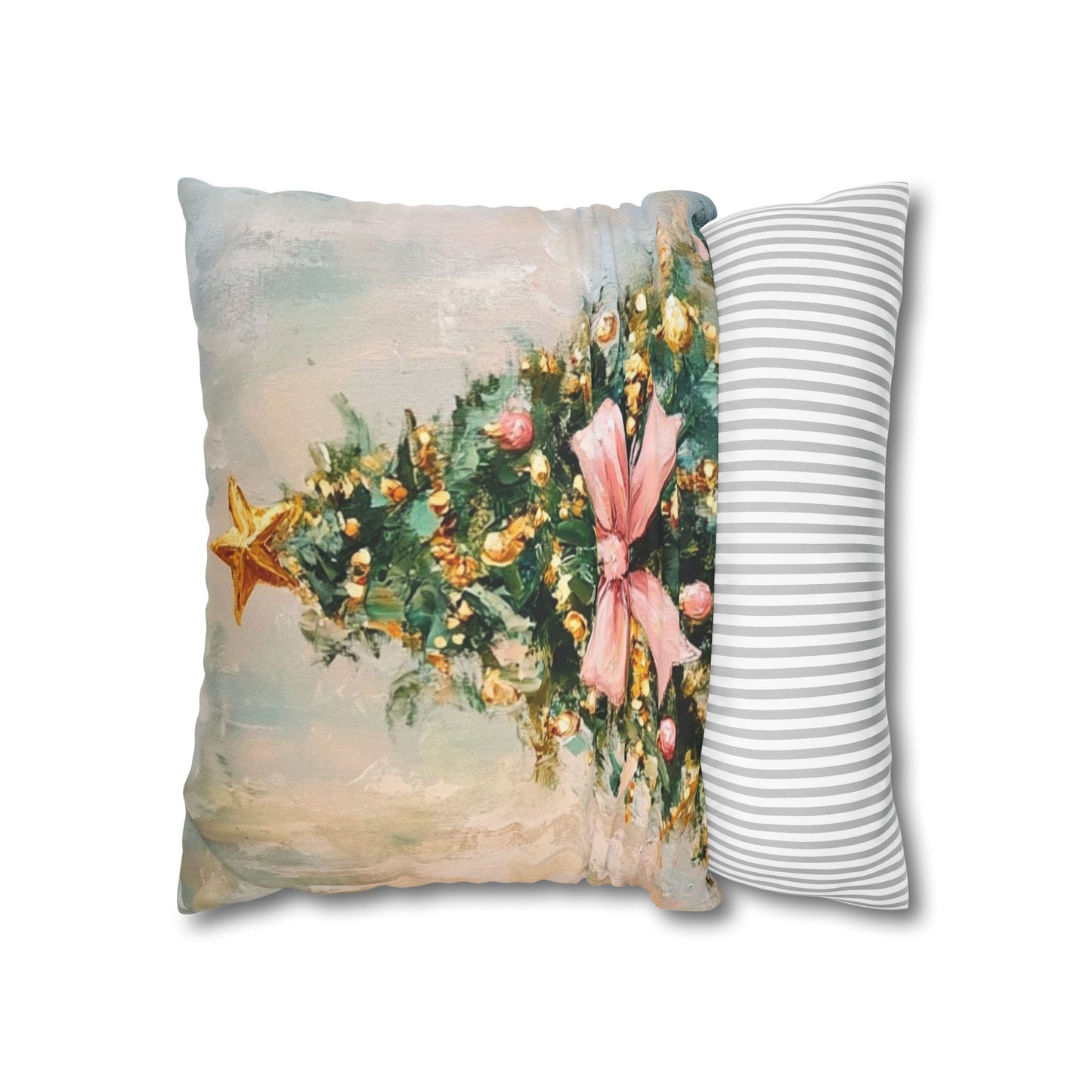 Christmas Tree Pillowcase with Pink Bow – Holiday Decorative Throw Pillow Cover