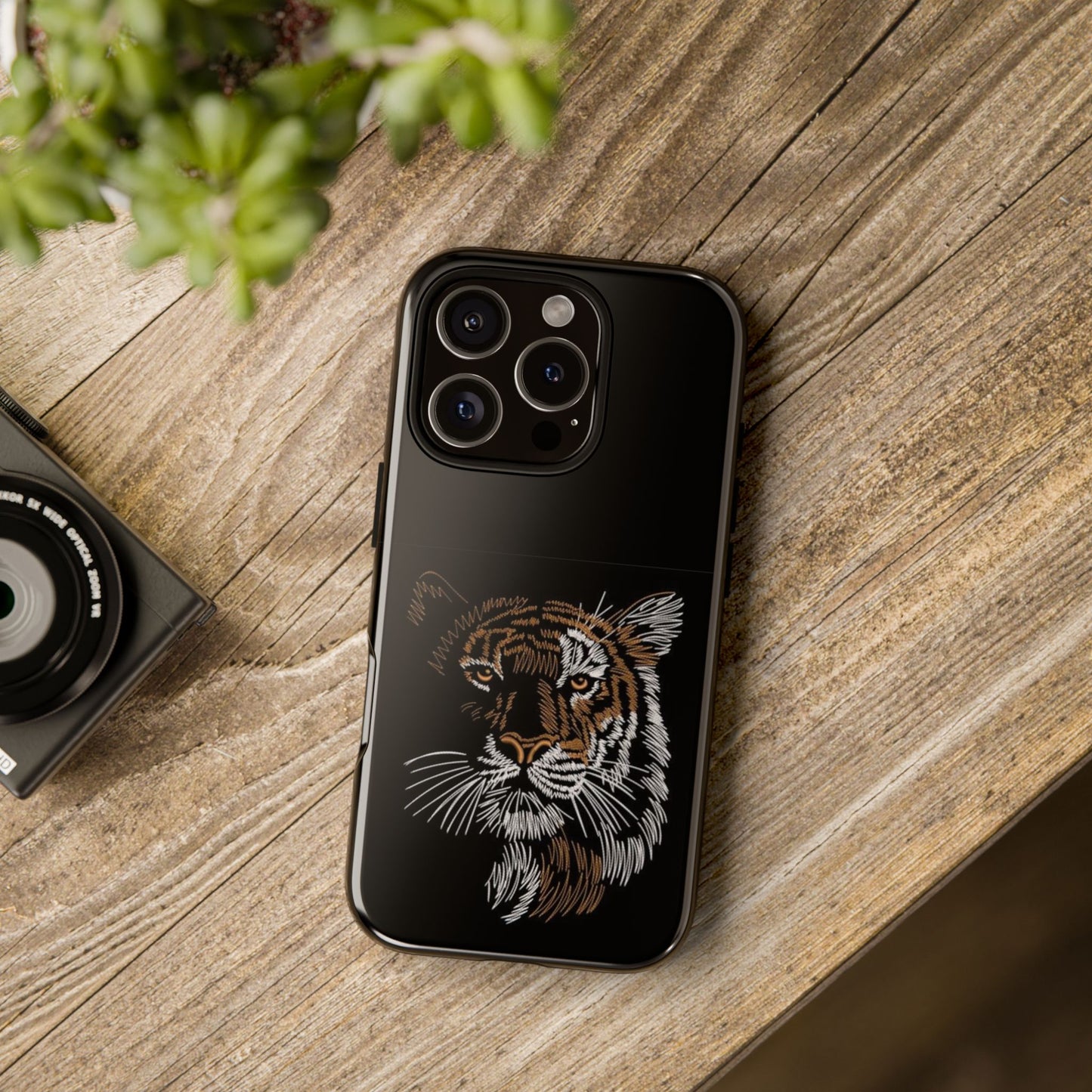 Tiger Face Phone Case — Protective Black Tough Case with Embroidered-Style Tiger Design