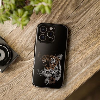 Tiger Face Phone Case — Protective Black Tough Case with Embroidered-Style Tiger Design