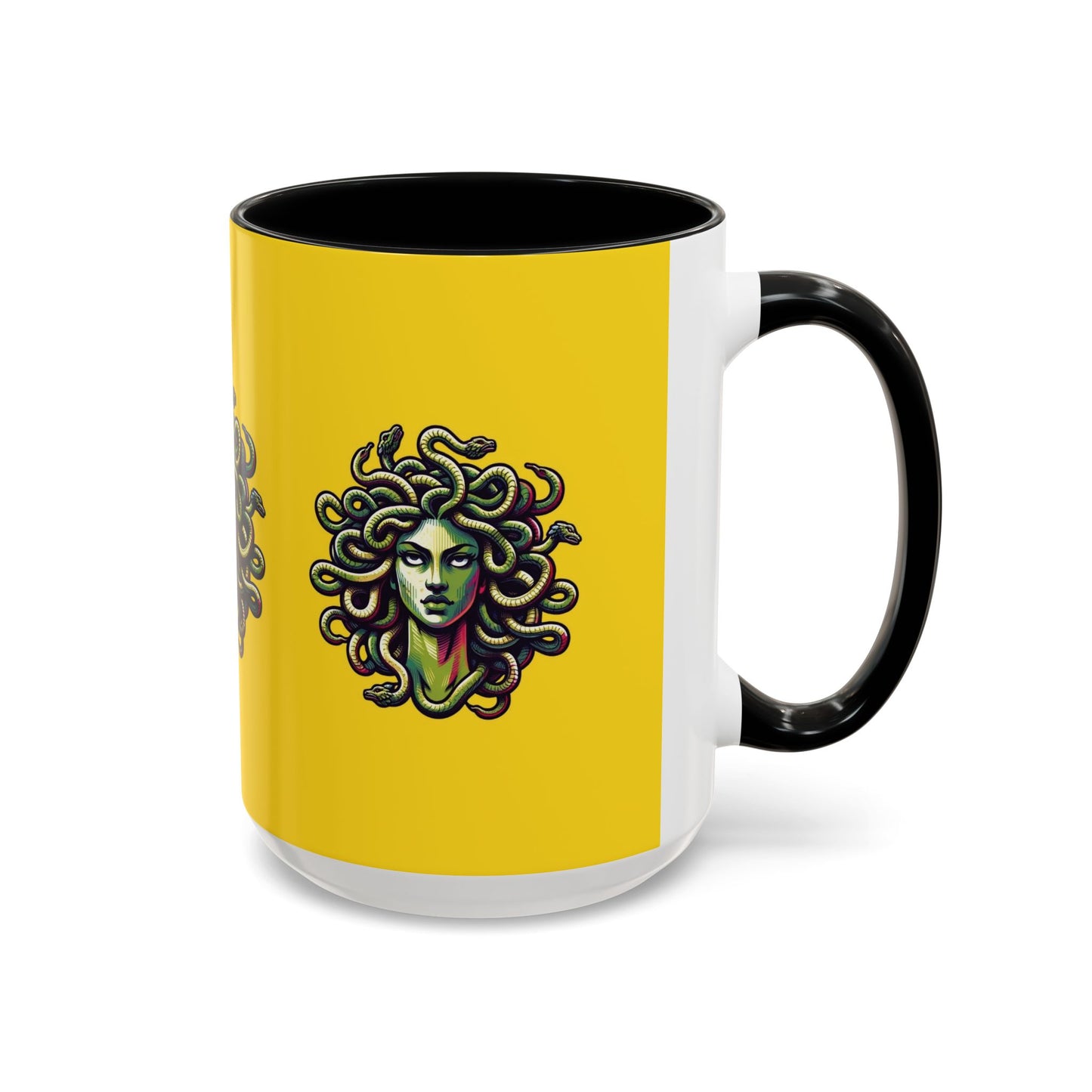 Medusa Accent Coffee Mug — Mythical Snake-Head Design, Yellow & Black Accent (11/15oz)