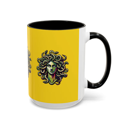 Medusa Accent Coffee Mug — Mythical Snake-Head Design, Yellow & Black Accent (11/15oz)