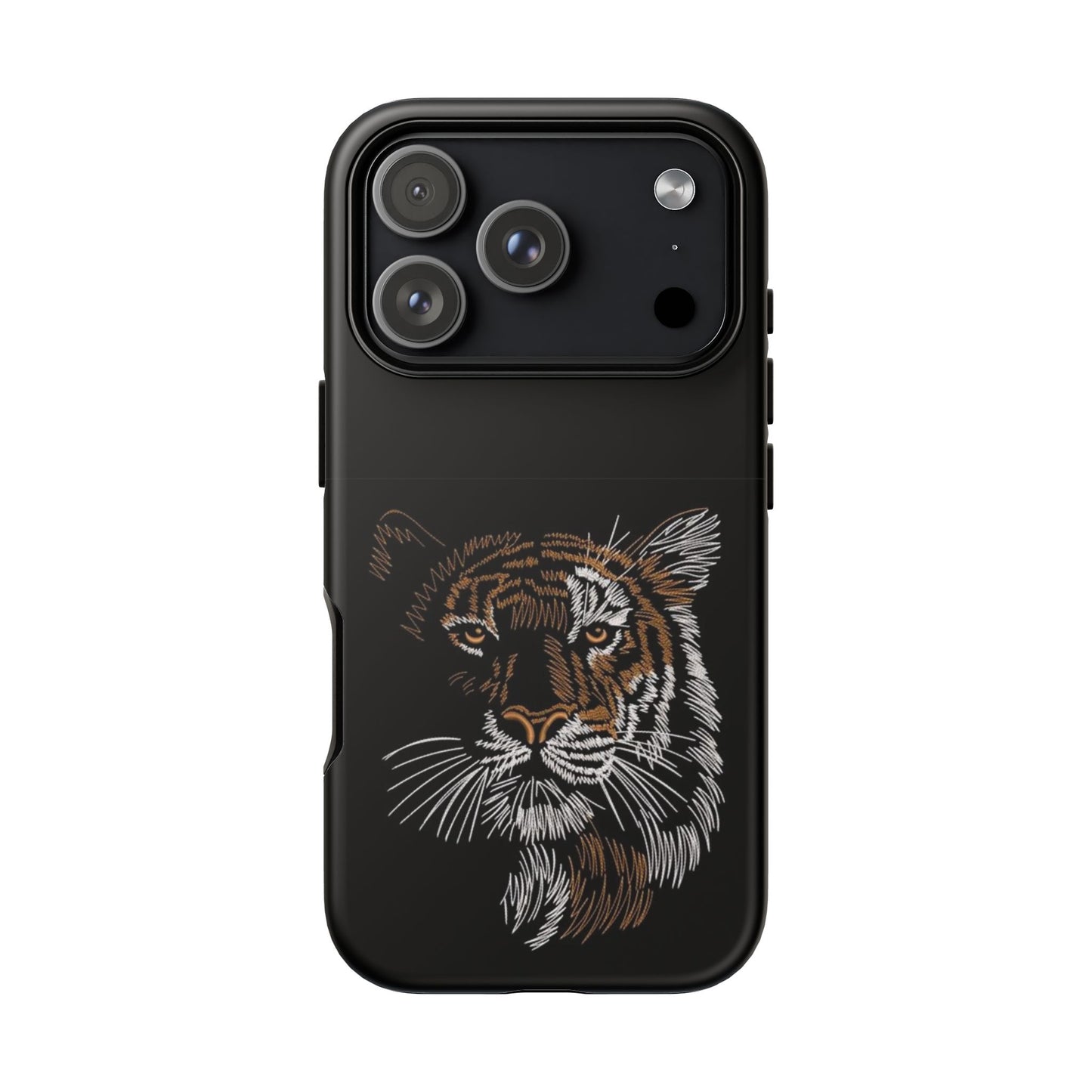 Tiger Face Phone Case — Protective Black Tough Case with Embroidered-Style Tiger Design