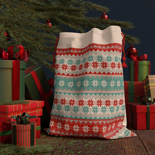 Festive Nordic Print Gift Bag — Red & Teal Holiday Drawstring Pouch
