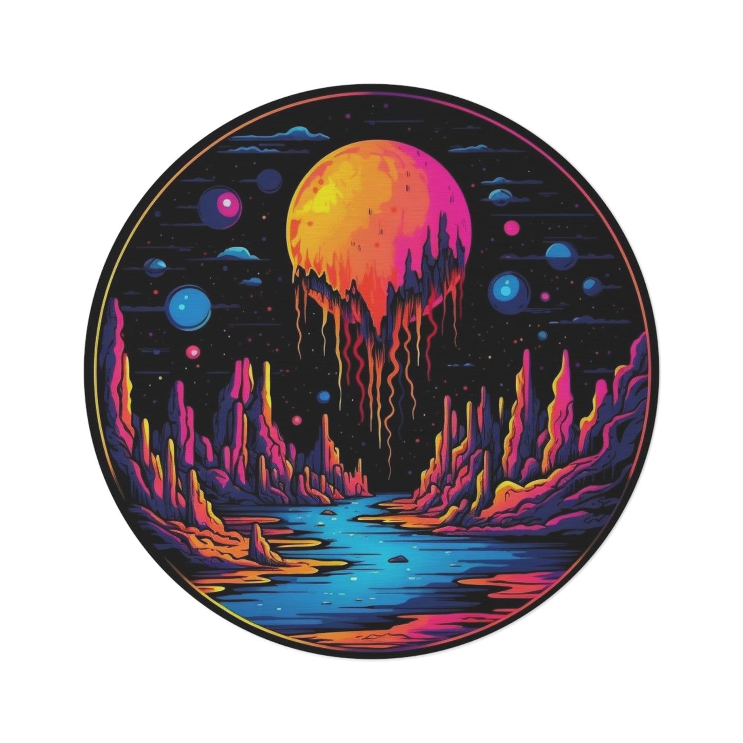 Psychedelic Moonscape Round Rug — Neon Cosmic Landscape Floor Mat