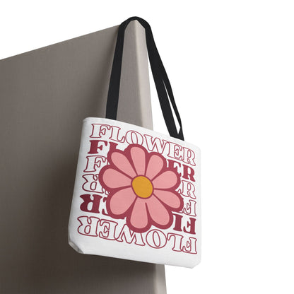 Retro Pink Flower Tote Bag – 'FLOWER' Graphic AOP Market Tote