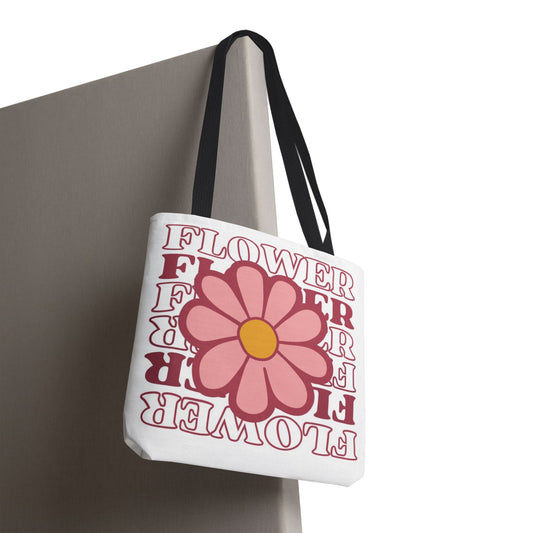 Retro Pink Flower Tote Bag – 'FLOWER' Graphic AOP Market Tote