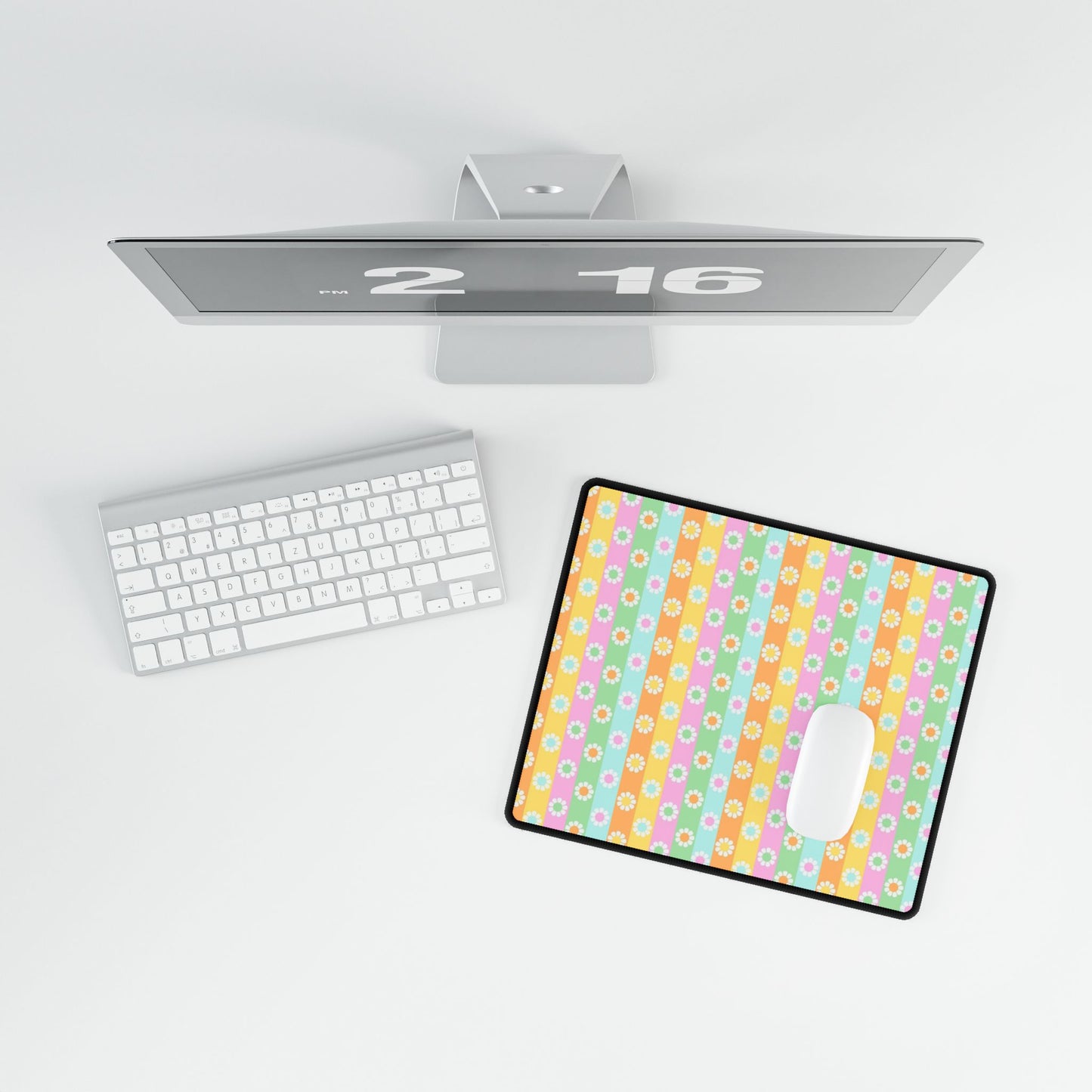 Floral Pastel Stripes Desk Mat — Cute Daisy Pattern Mouse Pad for Home Office