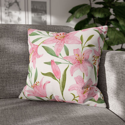 Floral Lily Pillowcase — Pink Watercolor Botanical Square Pillow Cover