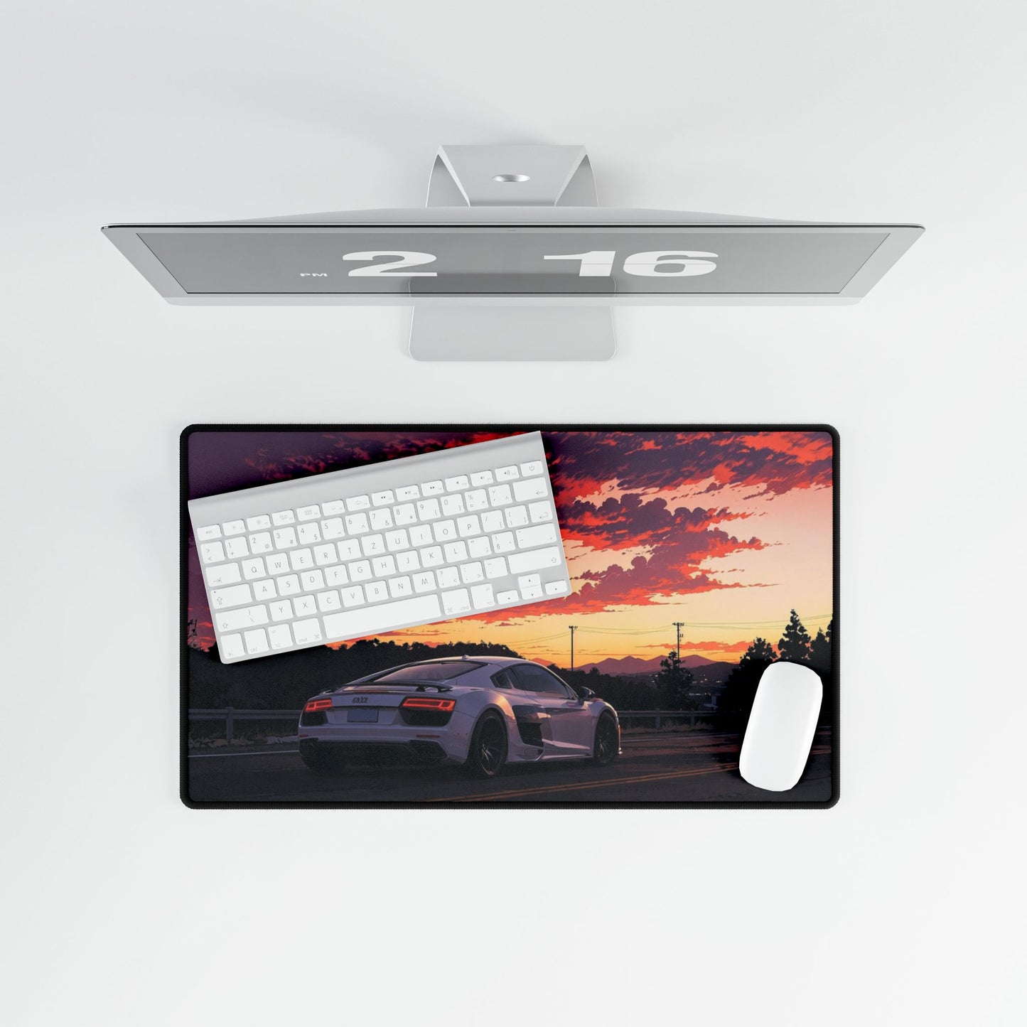 Sunset Supercar Desk Mat — Large Gaming/Work Mousepad with Scenic Car Print