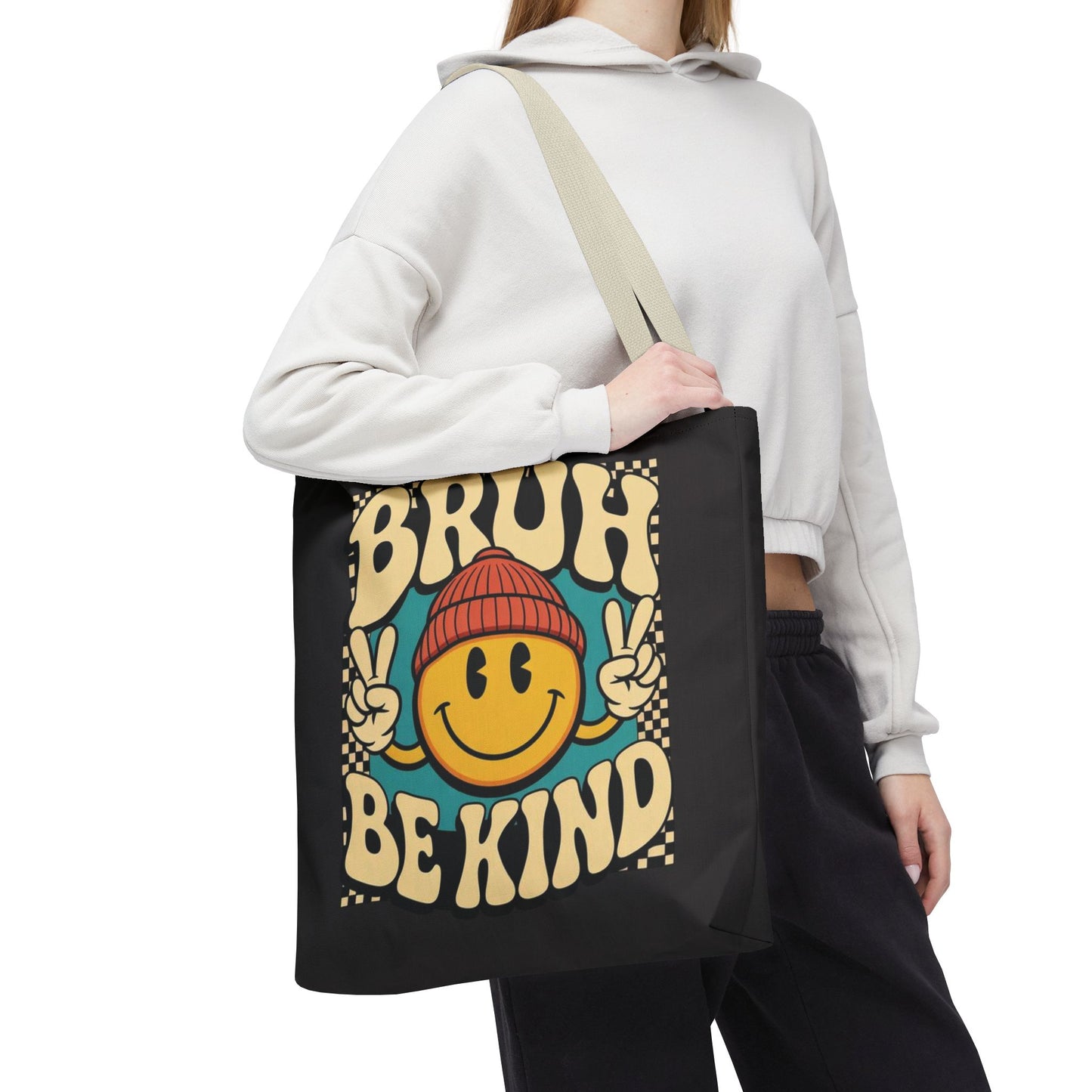 Bruh Be Kind Smiley Tote Bag — Retro Peace Sign Canvas Shopper