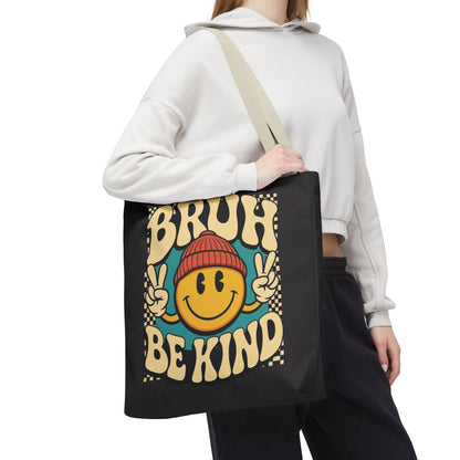 Bruh Be Kind Smiley Tote Bag — Retro Peace Sign Canvas Shopper