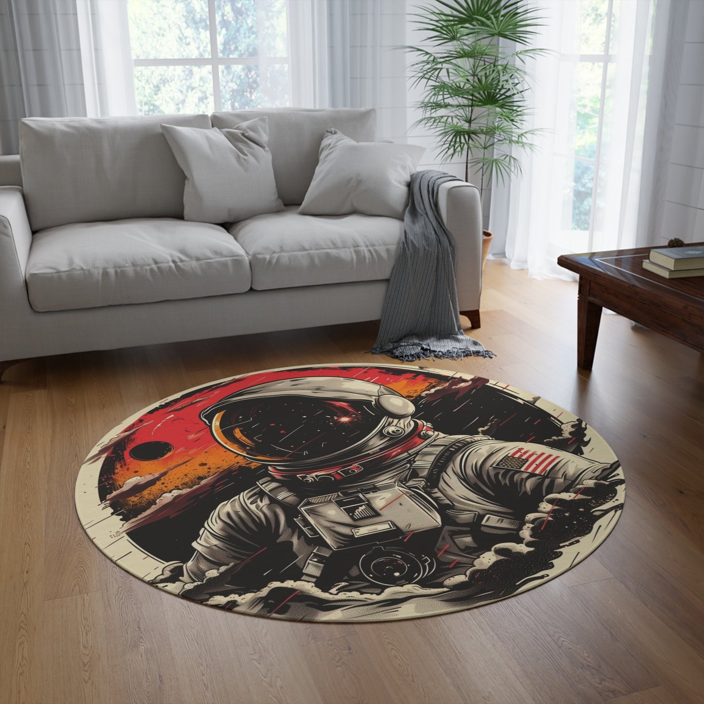 Astronaut Round Rug – Retro Space Explorer Floor Mat