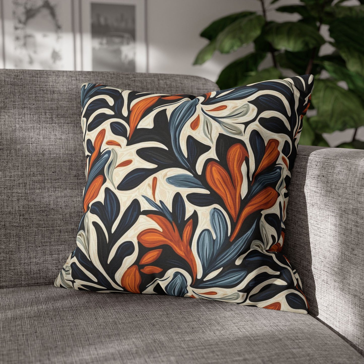 Abstract Floral Throw Pillowcase — Navy, Rust & Cream Decorative Pillow Cover