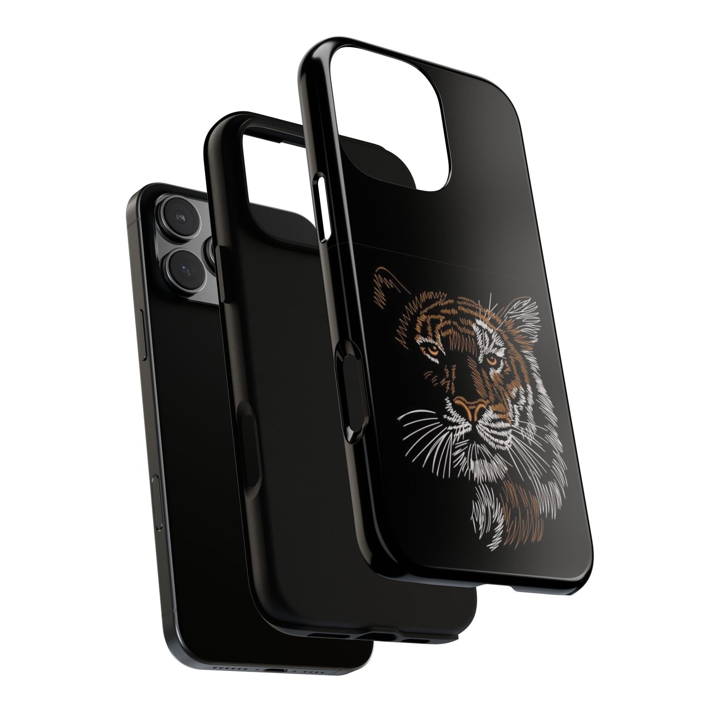 Tiger Face Phone Case — Protective Black Tough Case with Embroidered-Style Tiger Design