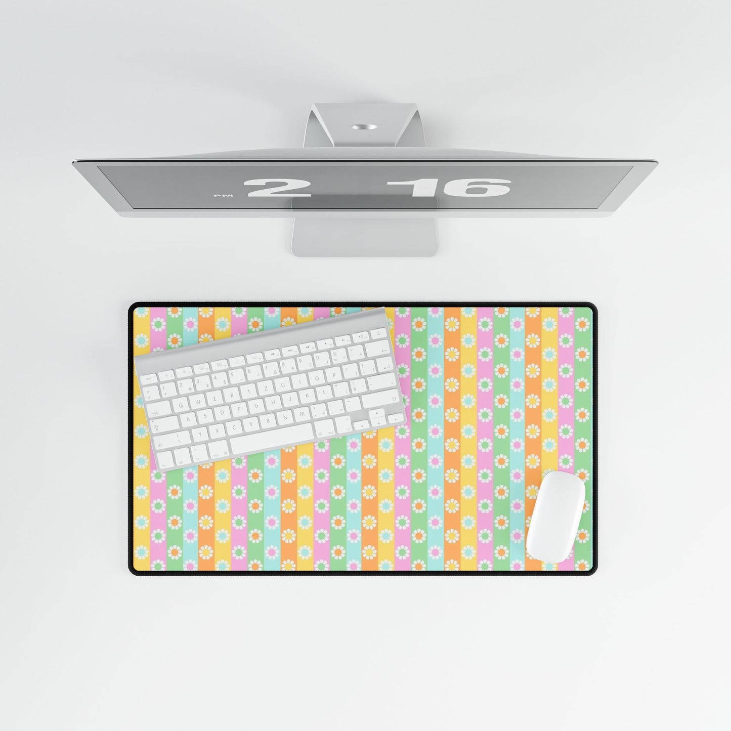 Floral Pastel Stripes Desk Mat — Cute Daisy Pattern Mouse Pad for Home Office