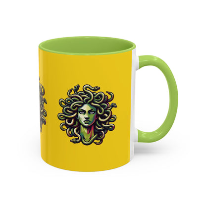 Medusa Accent Coffee Mug — Mythical Snake-Head Design, Yellow & Black Accent (11/15oz)