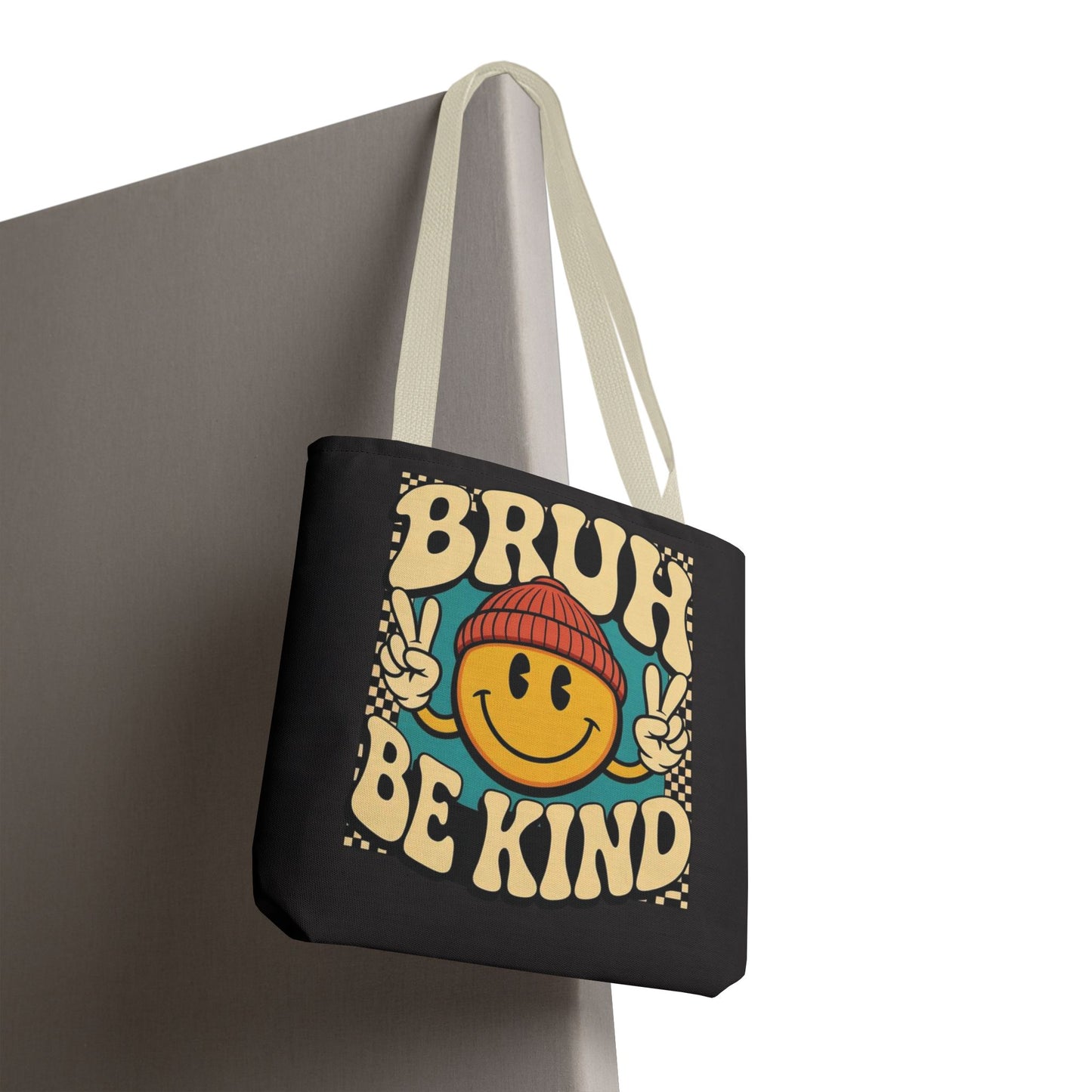 Bruh Be Kind Smiley Tote Bag — Retro Peace Sign Canvas Shopper