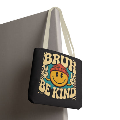Bruh Be Kind Smiley Tote Bag — Retro Peace Sign Canvas Shopper