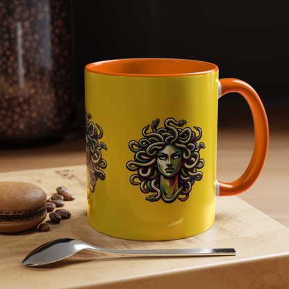 Medusa Accent Coffee Mug — Mythical Snake-Head Design, Yellow & Black Accent (11/15oz)
