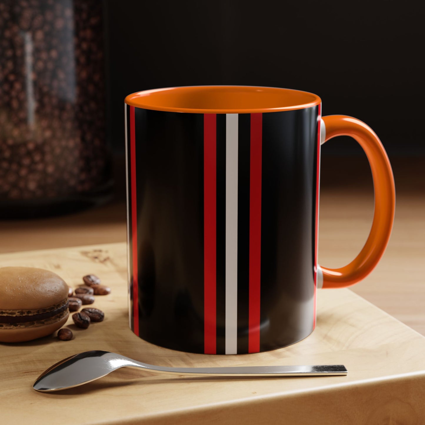 Black Accent Coffee Mug with Red & White Racing Stripes — 11/15oz