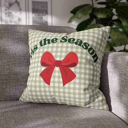 Christmas Throw Pillowcase — "’Tis the Season" Green Gingham with Red Bow