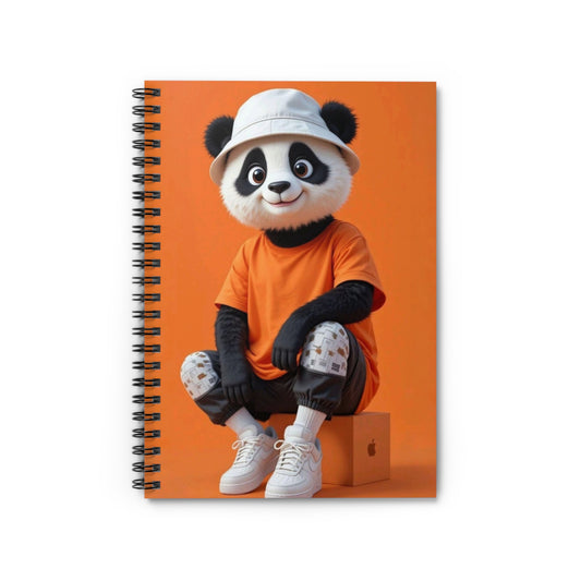 Cute Panda Notebook — Spiral Ruled Journal with Cartoon Panda in Orange Tee