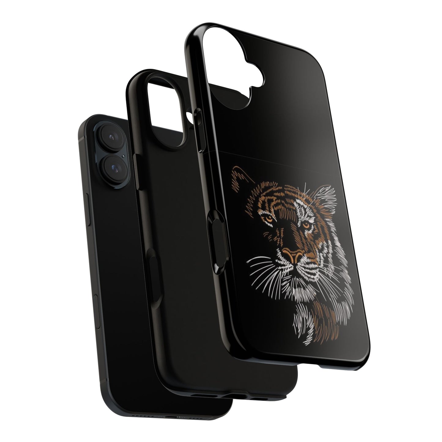 Tiger Face Phone Case — Protective Black Tough Case with Embroidered-Style Tiger Design