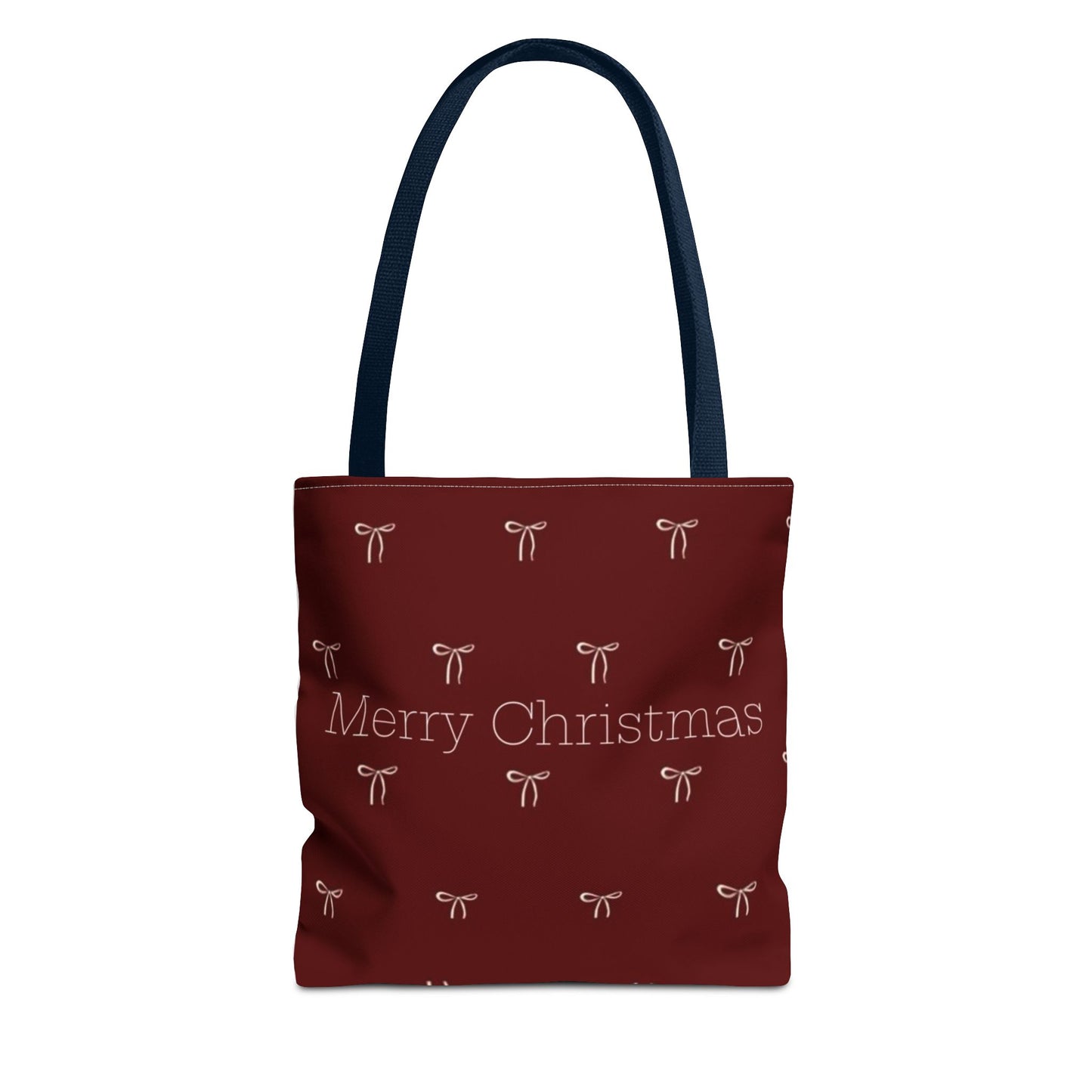 Christmas Tote Bag — Burgundy 'Merry Christmas' Bow Pattern Holiday Gift Tote