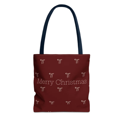 Christmas Tote Bag — Burgundy 'Merry Christmas' Bow Pattern Holiday Gift Tote