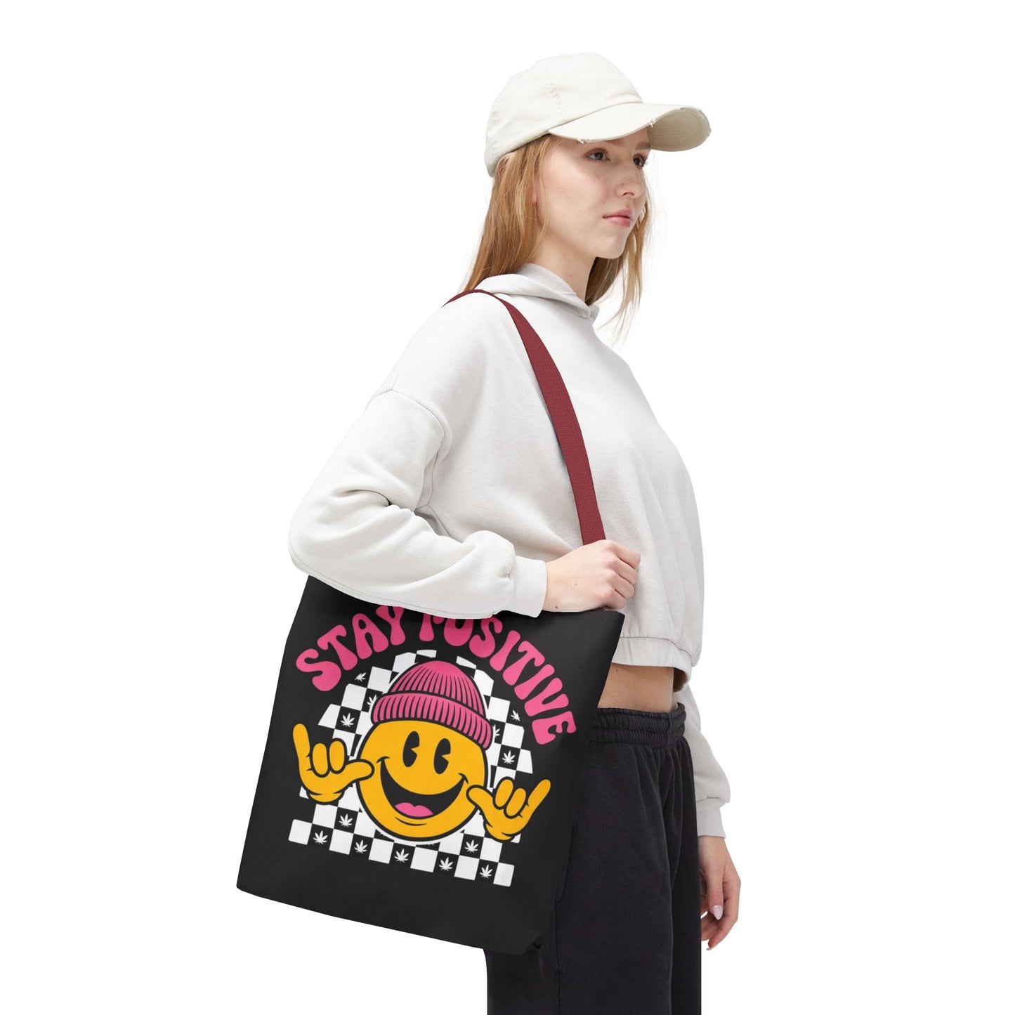 Stay Positive Smiley Tote Bag — Retro Checkerboard Inspirational Canvas Tote