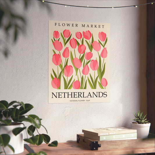 Netherlands Flower Market Poster – Pink Tulip Matte Vertical Art Print