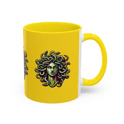 Medusa Accent Coffee Mug — Mythical Snake-Head Design, Yellow & Black Accent (11/15oz)