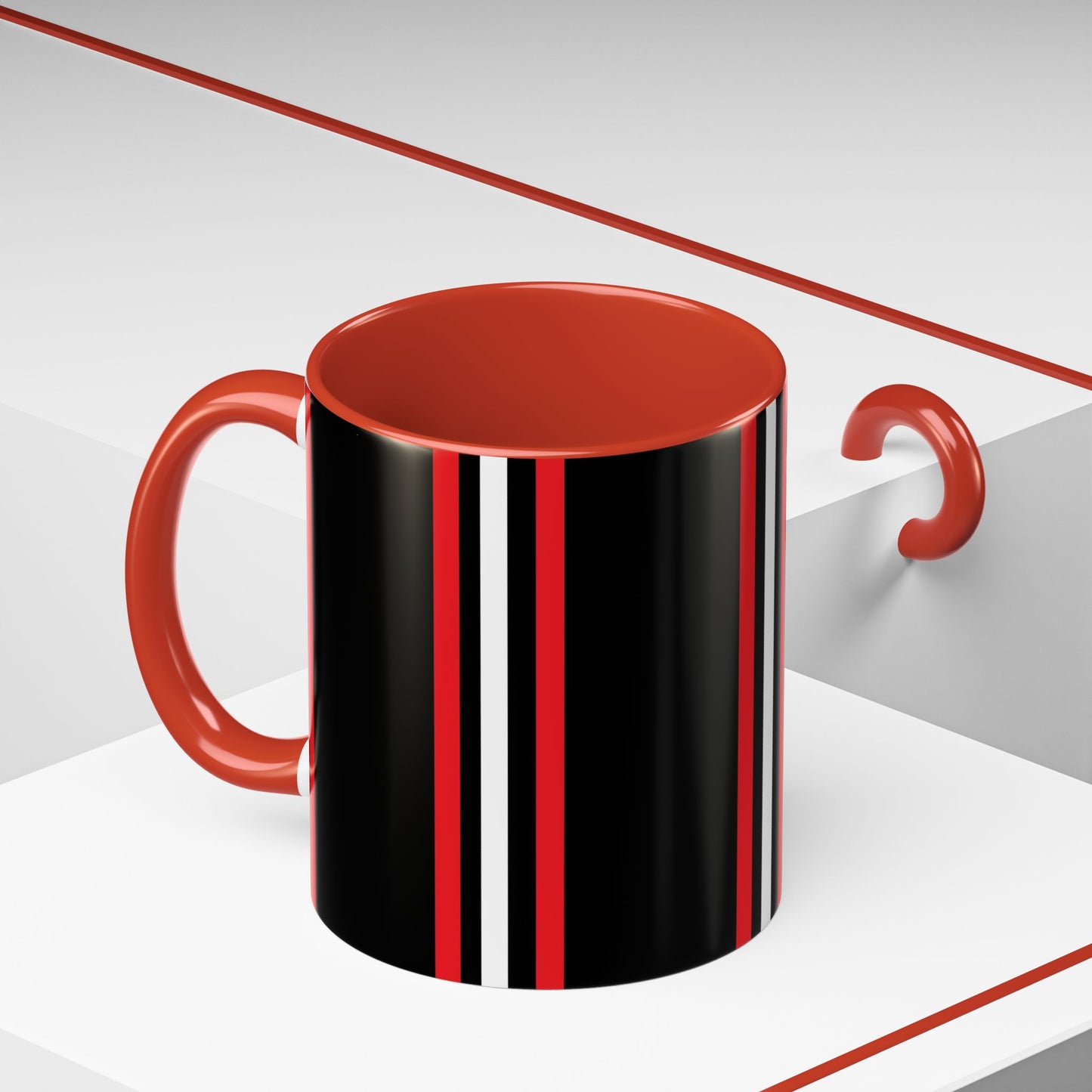 Black Accent Coffee Mug with Red & White Racing Stripes — 11/15oz