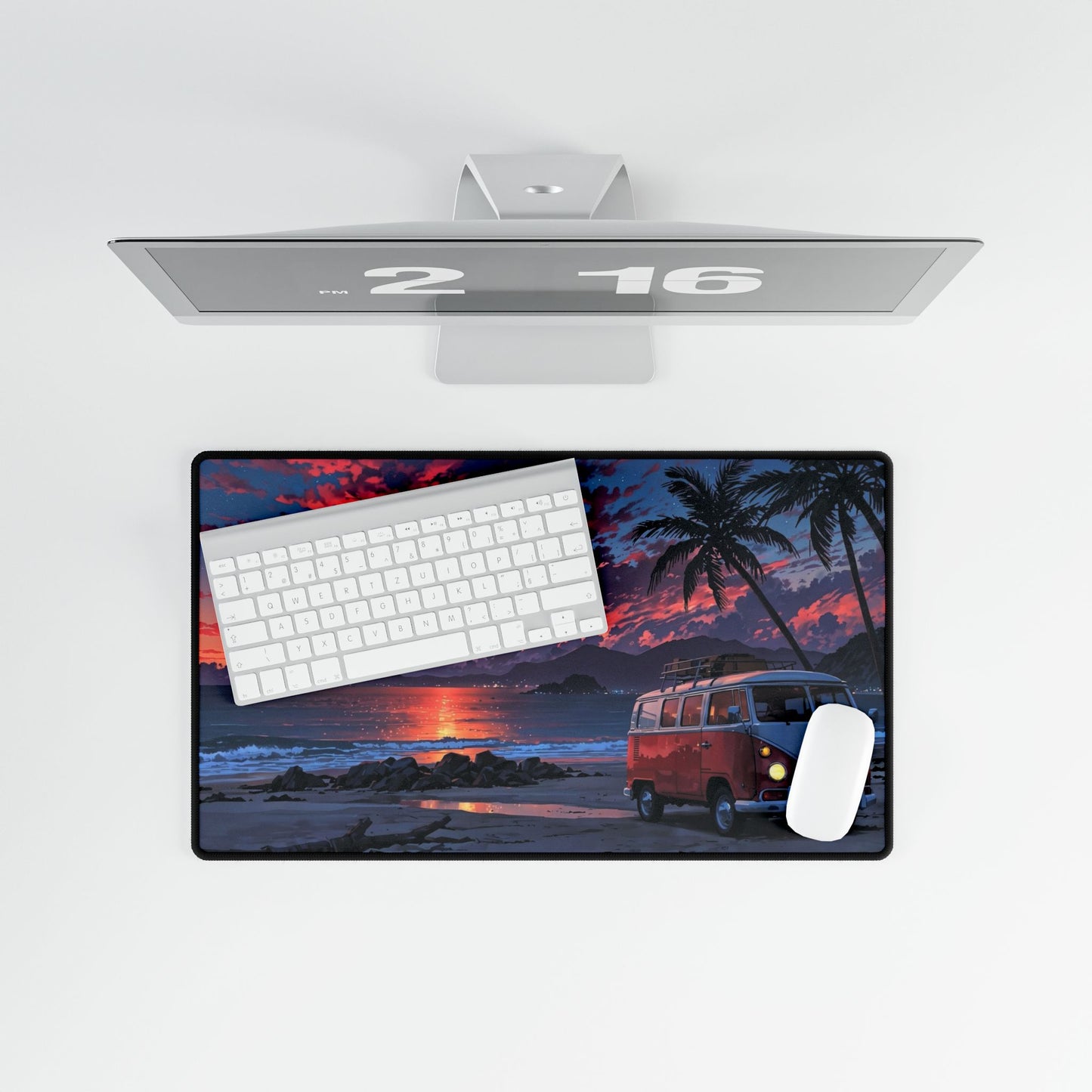 Sunset Beach VW Camper Desk Mat — Tropical Surf Vibe Mouse Pad