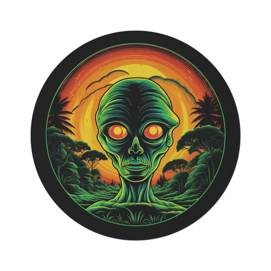 Alien Sunset Round Rug — Neon Sci‑Fi Skull Area Rug for Bedroom, Dorm, or Game Room