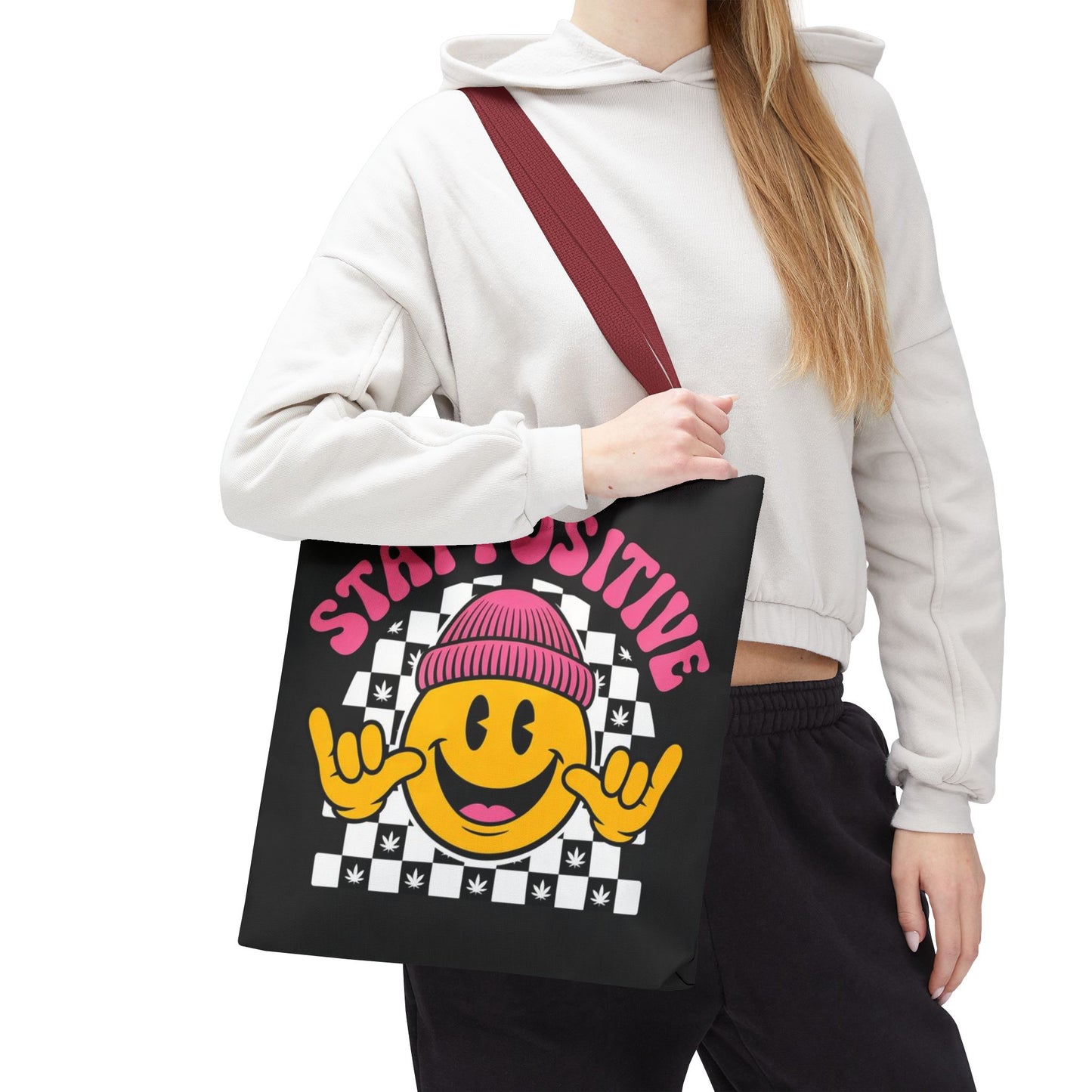 Stay Positive Smiley Tote Bag — Retro Checkerboard Inspirational Canvas Tote