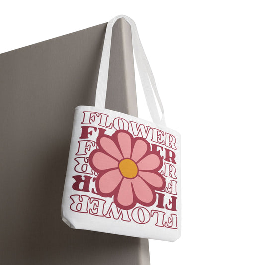 Retro Pink Flower Tote Bag – 'FLOWER' Graphic AOP Market Tote