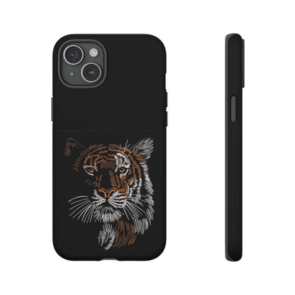 Tiger Face Phone Case — Protective Black Tough Case with Embroidered-Style Tiger Design