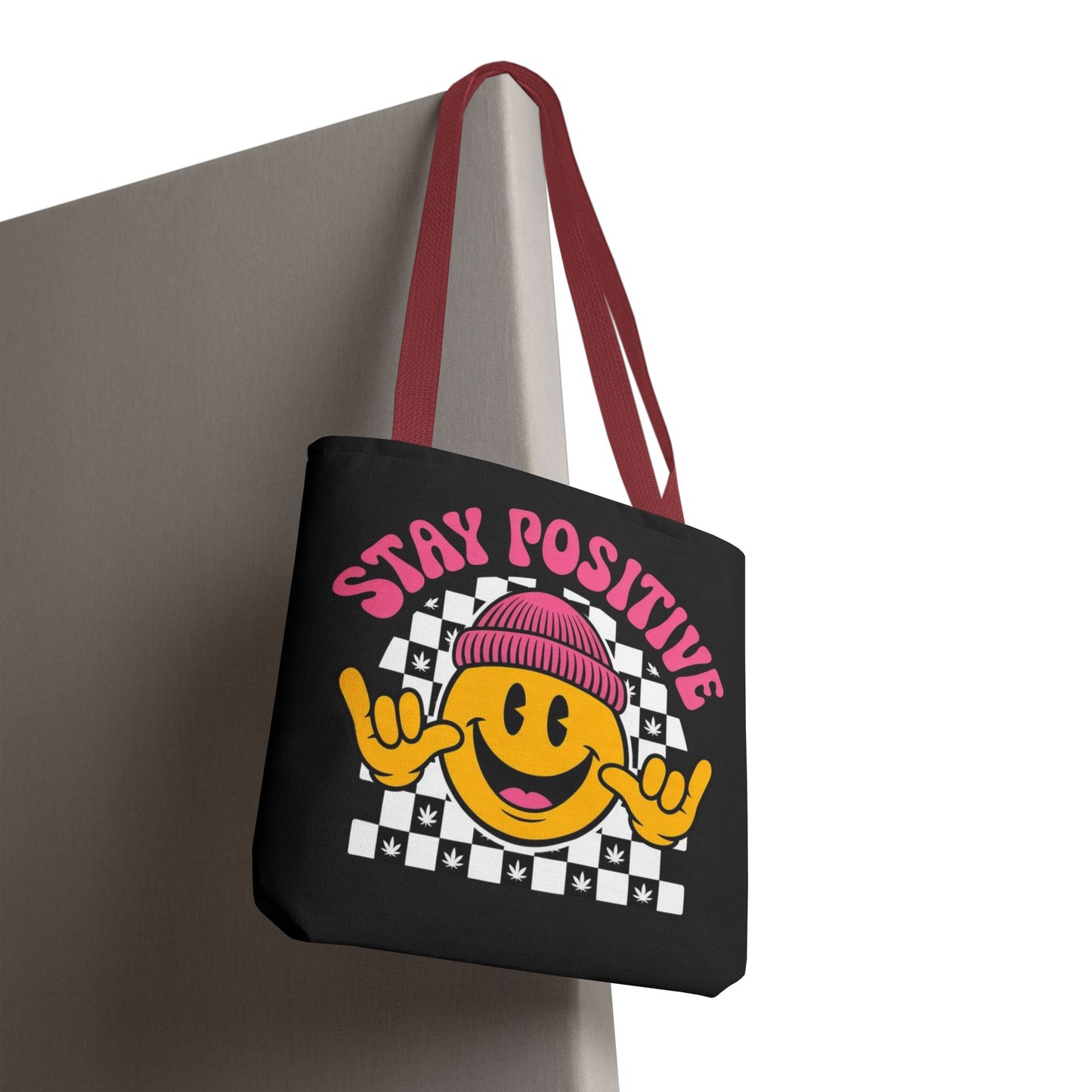 Stay Positive Smiley Tote Bag — Retro Checkerboard Inspirational Canvas Tote