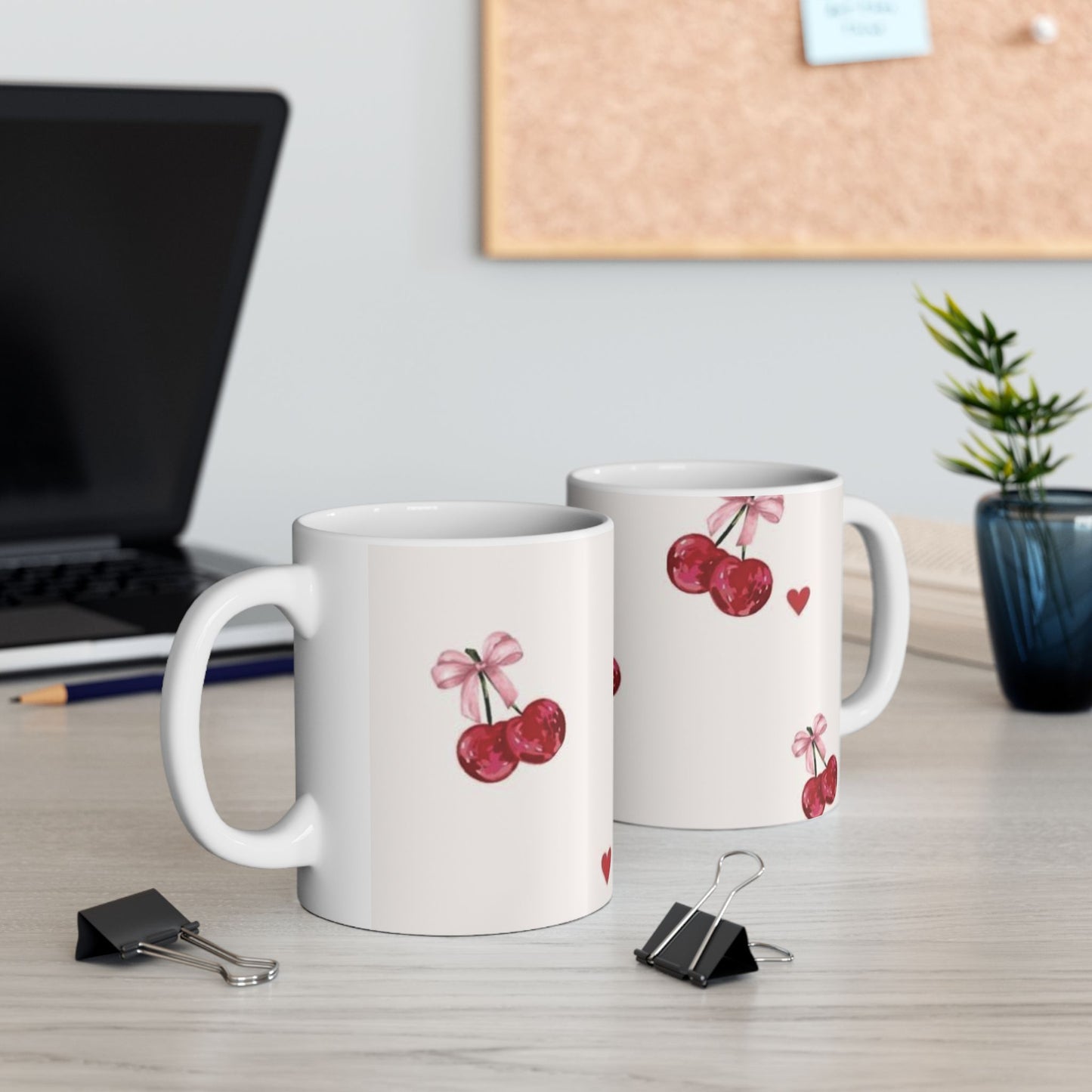 Cherry Pattern Ceramic Mug — Cute Watercolor Cherries with Bows (11oz & 15oz)