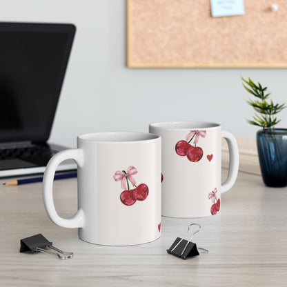 Cherry Pattern Ceramic Mug — Cute Watercolor Cherries with Bows (11oz & 15oz)