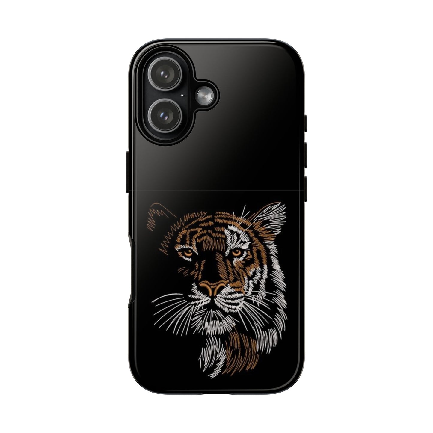 Tiger Face Phone Case — Protective Black Tough Case with Embroidered-Style Tiger Design