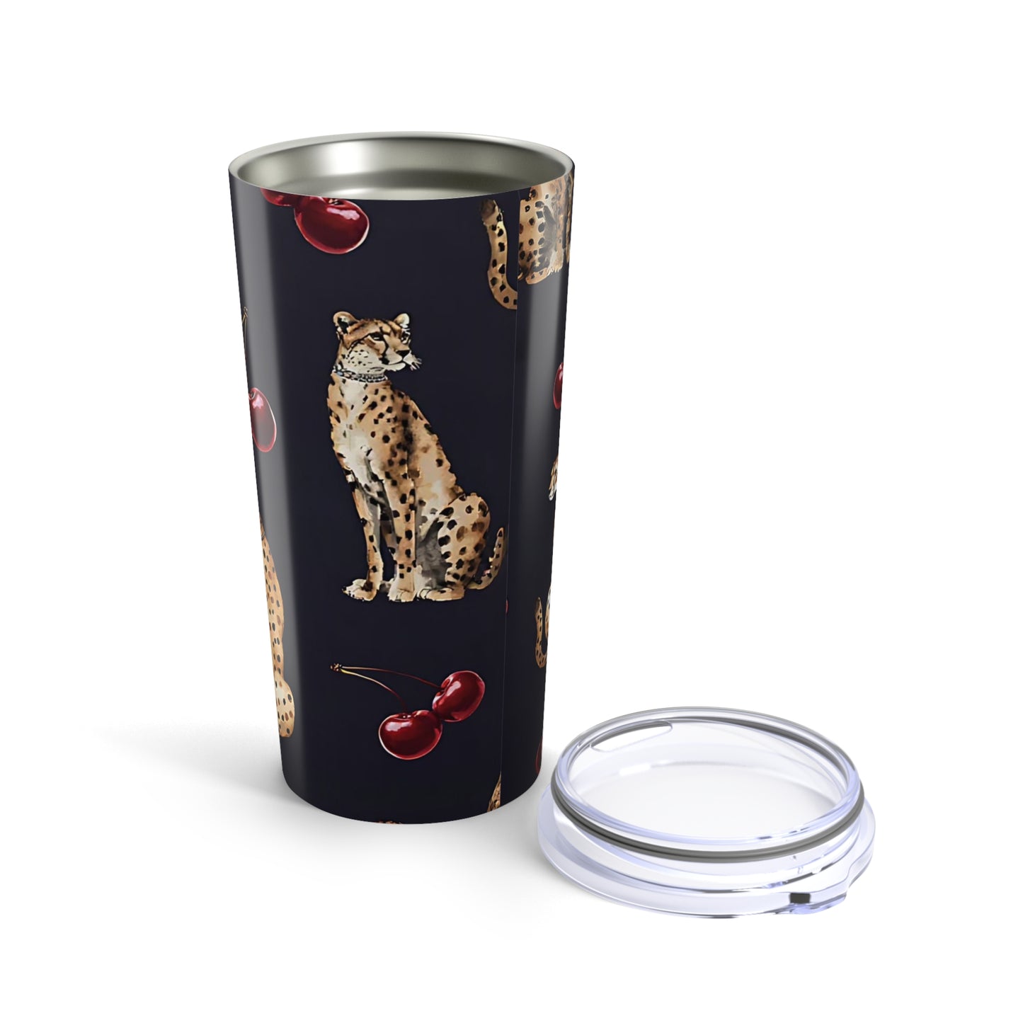 Cheetah & Cherry 20oz Tumbler — Insulated Travel Cup with Retro Animal Print