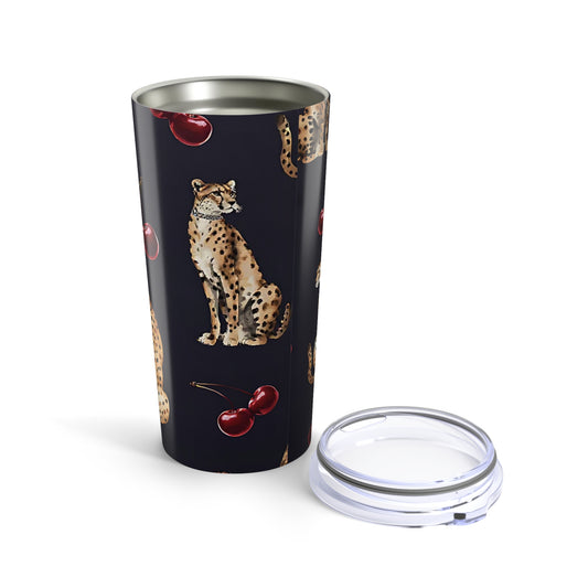 Cheetah & Cherry 20oz Tumbler — Insulated Travel Cup with Retro Animal Print