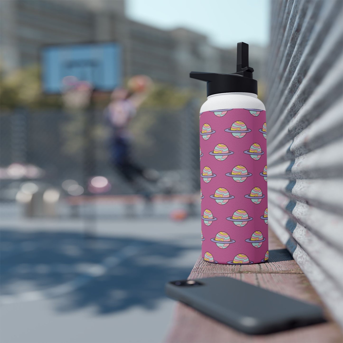 Planet Pattern Stainless Steel Water Bottle — Pink Cute Saturn Design
