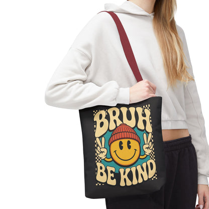 Bruh Be Kind Smiley Tote Bag — Retro Peace Sign Canvas Shopper