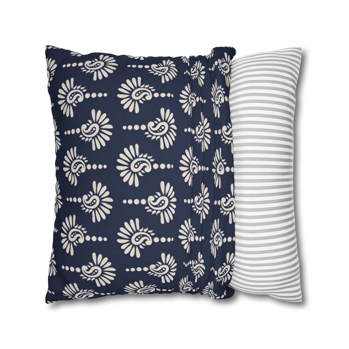 Navy Floral Motif Square Pillowcase — Decorative Spun Polyester Cushion Cover